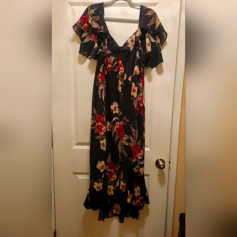 Black Floral Ruffle Sleeve Midi Dress With High-Low Hem